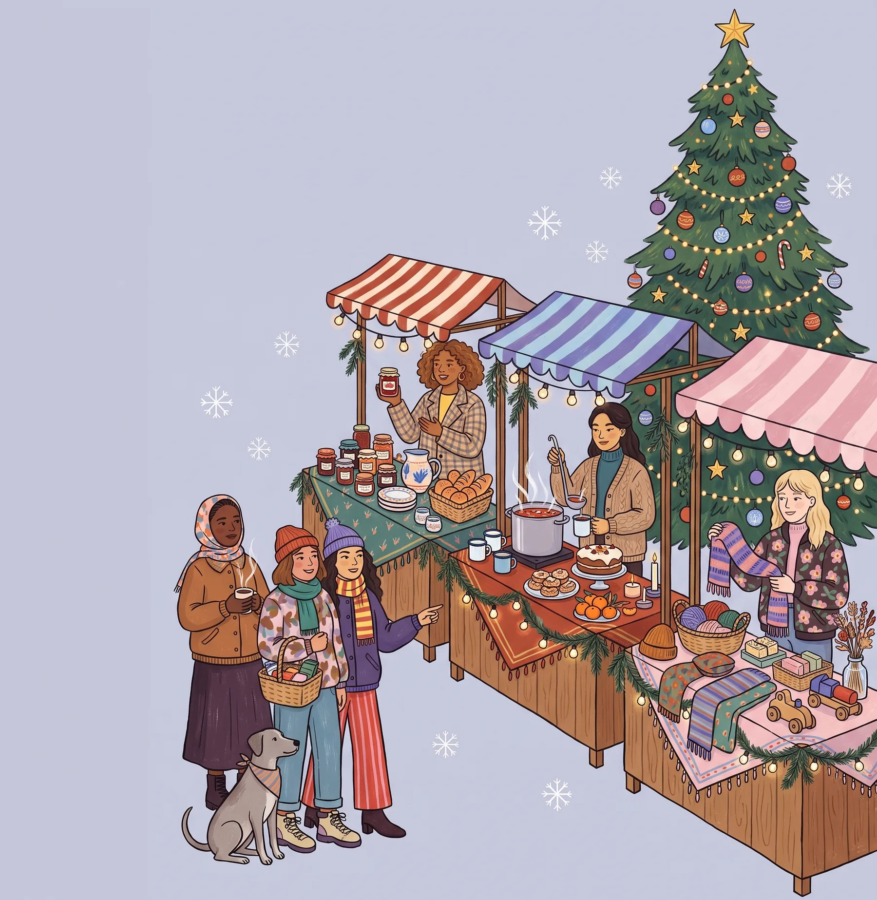 Illustration: drei Marktstände mit Marmelade, Gebäck, Punsch und Handarbeiten, Besucherinnen davor, rechts ein geschmückter Weihnachtsbaum, ein Hund sitzt dabei.