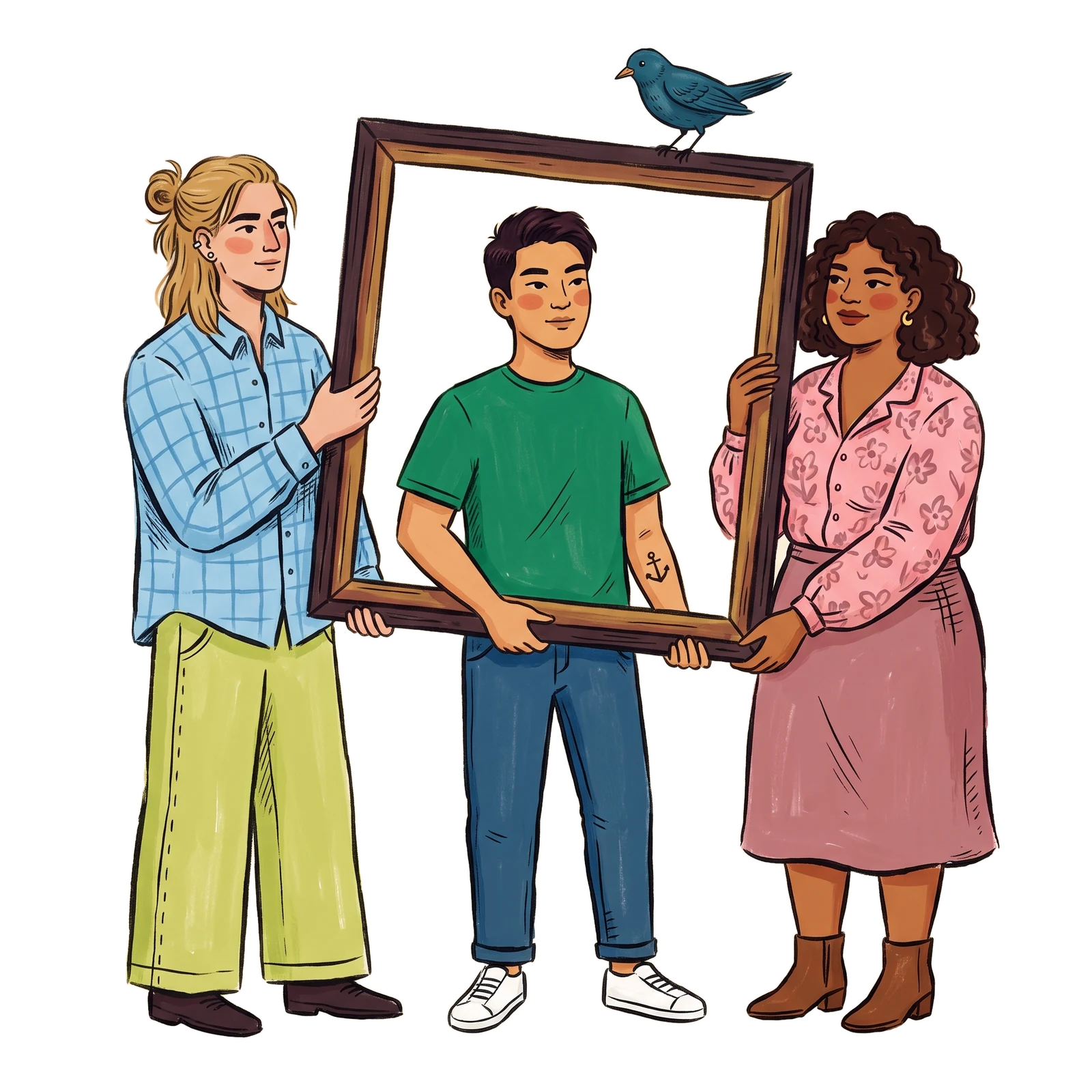 Illustration: Drei Menschen richten gemeinsam einen großen Bilderrahmen aus, ein Vogel sitzt darauf.