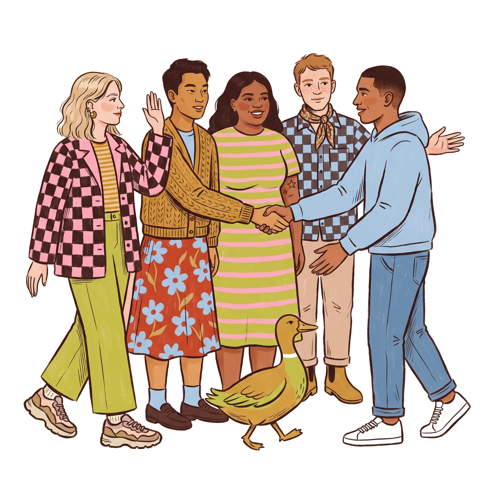 Illustration: Eine Gruppe von Menschen steht beisammen, zwei geben sich die Hand, eine Ente läuft davor vorbei.
