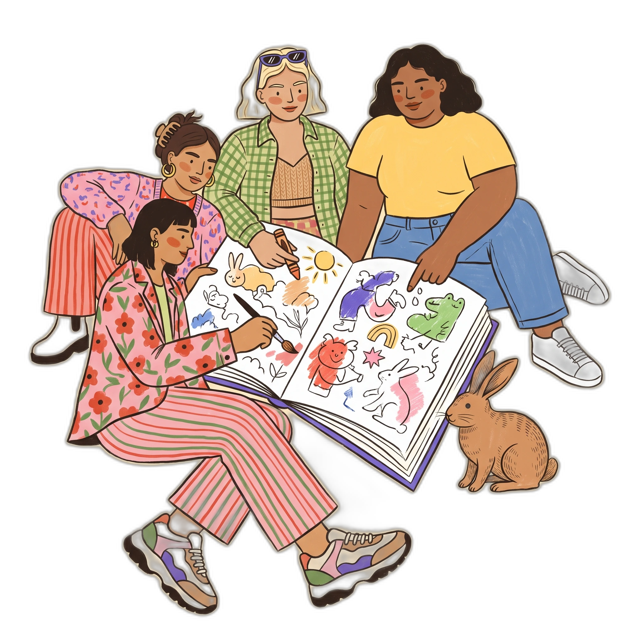 Illustration: eine Gruppe junger Menschen gestaltet gemeinsam ein großes Malbuch, ein Kaninchen sitzt dabei.